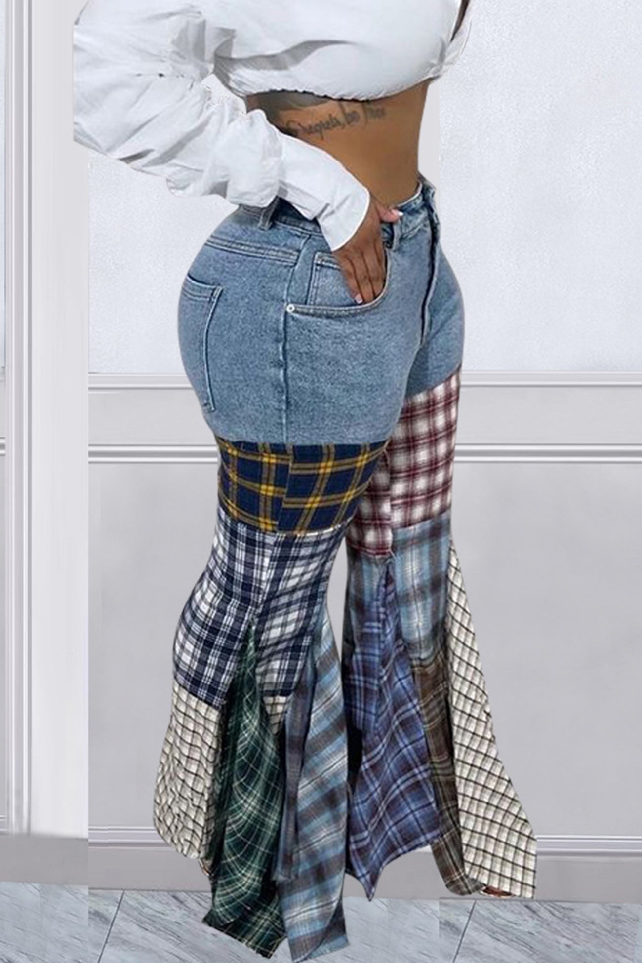 TastyHottie - Plaid Patchwork Mid-waisted Flares Jeans