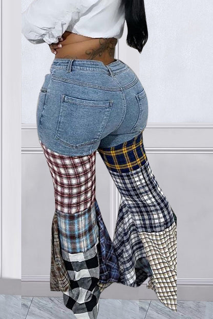 TastyHottie - Plaid Patchwork Mid-waisted Flares Jeans