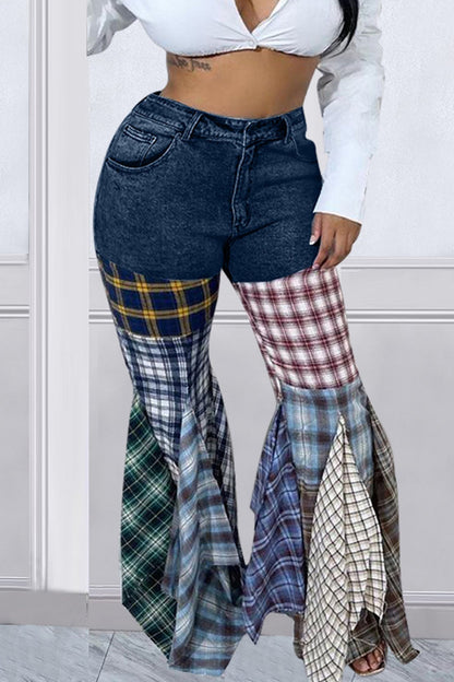 TastyHottie - Plaid Patchwork Mid-waisted Flares Jeans