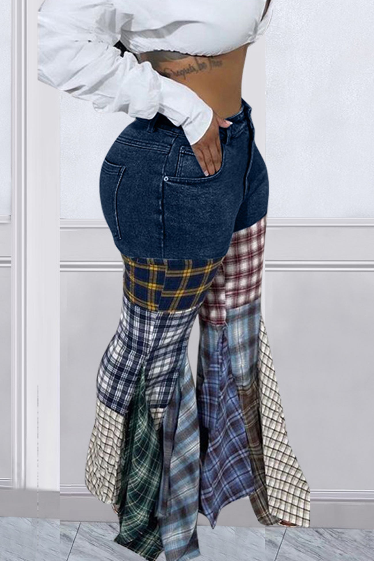 TastyHottie - Plaid Patchwork Mid-waisted Flares Jeans