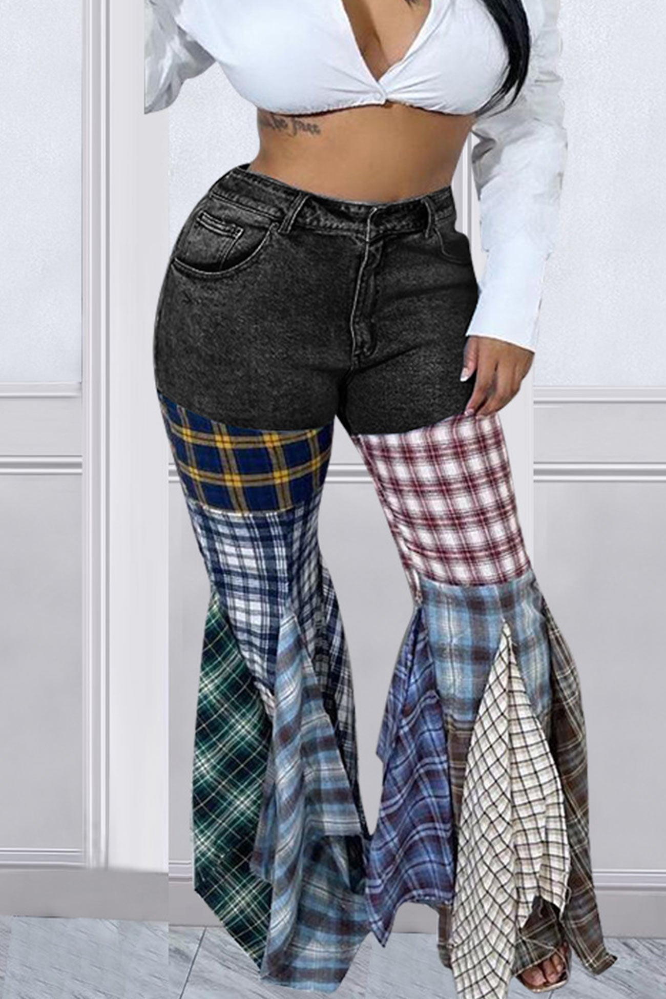 TastyHottie - Plaid Patchwork Mid-waisted Flares Jeans