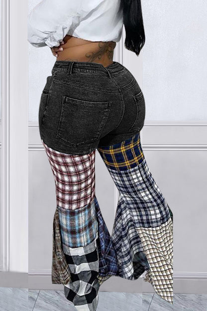 TastyHottie - Plaid Patchwork Mid-waisted Flares Jeans