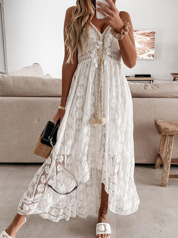 V Neck Boho Trendy Ruffle Flowy Midi Dress