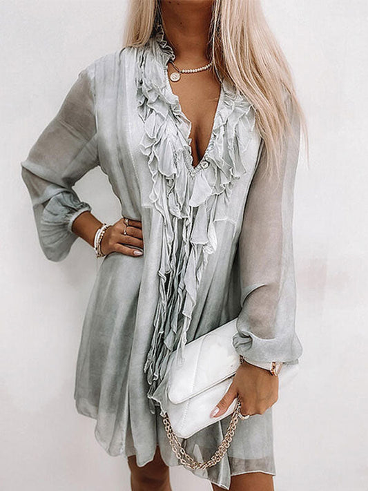 V Neck Long Trendy Sleeve Ruffle Midi Dress