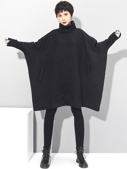 Super Loose Black High-Neck Modern Knitting Batwing Sleeves Sweater Dress