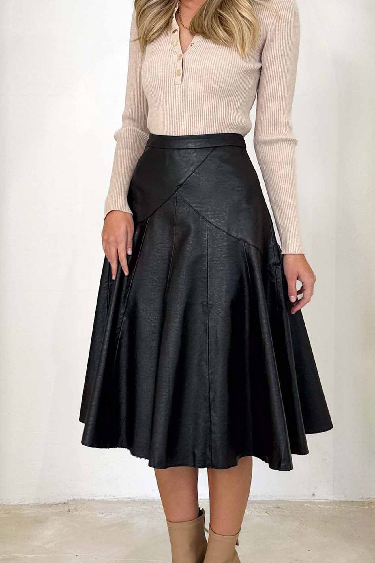 TastyHottie - Leather High Waist Pleated Midi Skirt