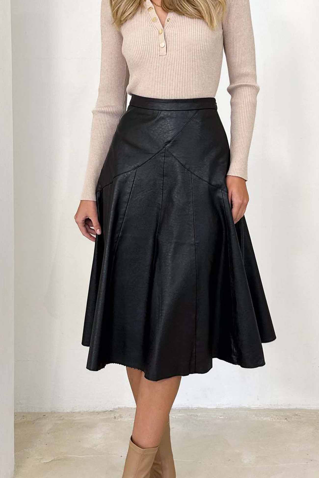 TastyHottie - Leather High Waist Pleated Midi Skirt