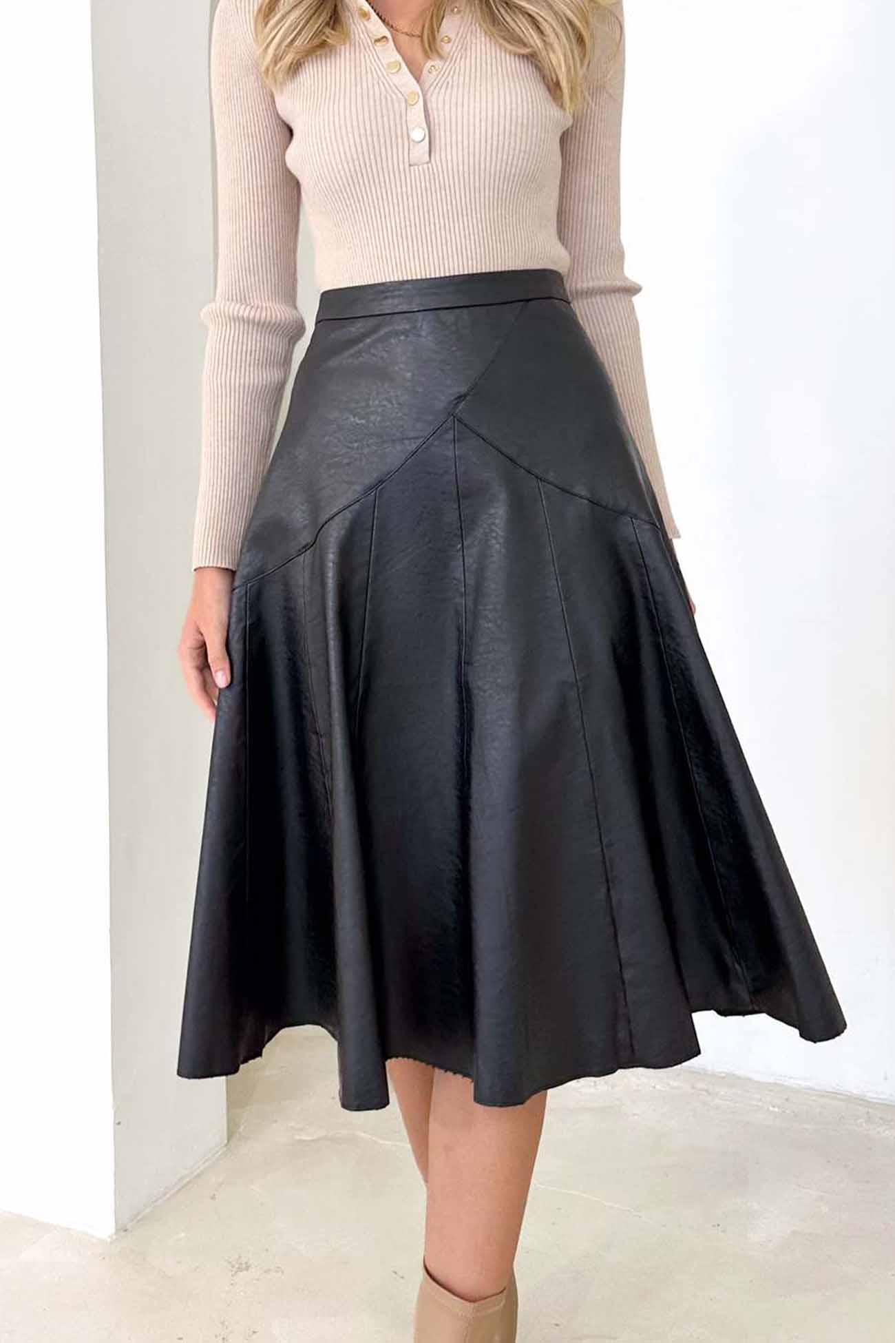 TastyHottie - Leather High Waist Pleated Midi Skirt