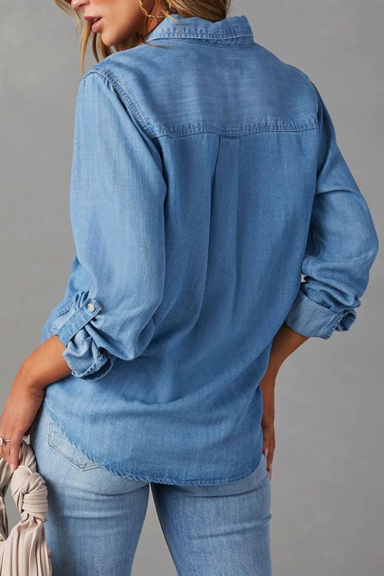 TastyHottie - Long Sleeve Button-Up Denim Blouse