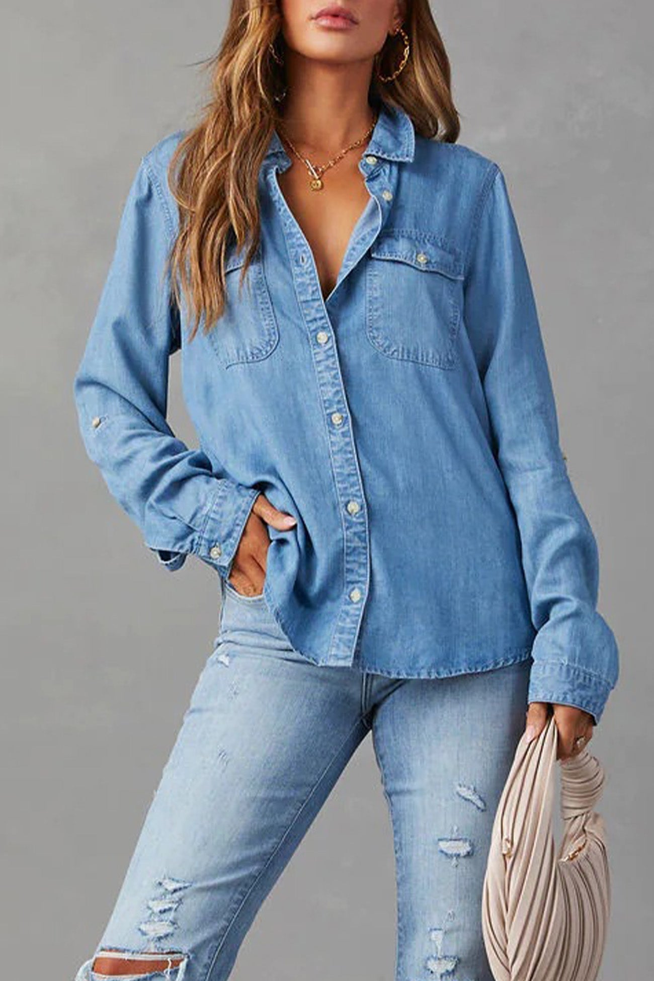 TastyHottie - Long Sleeve Button-Up Denim Blouse