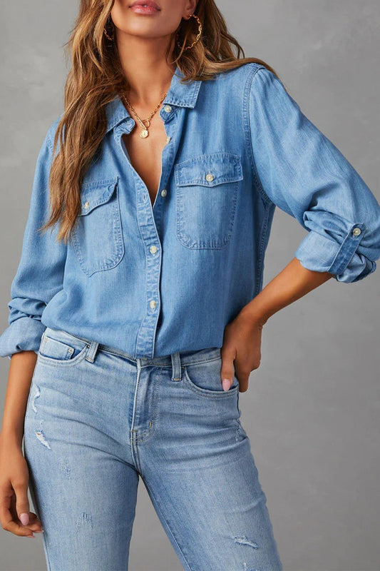 TastyHottie - Long Sleeve Button-Up Denim Blouse