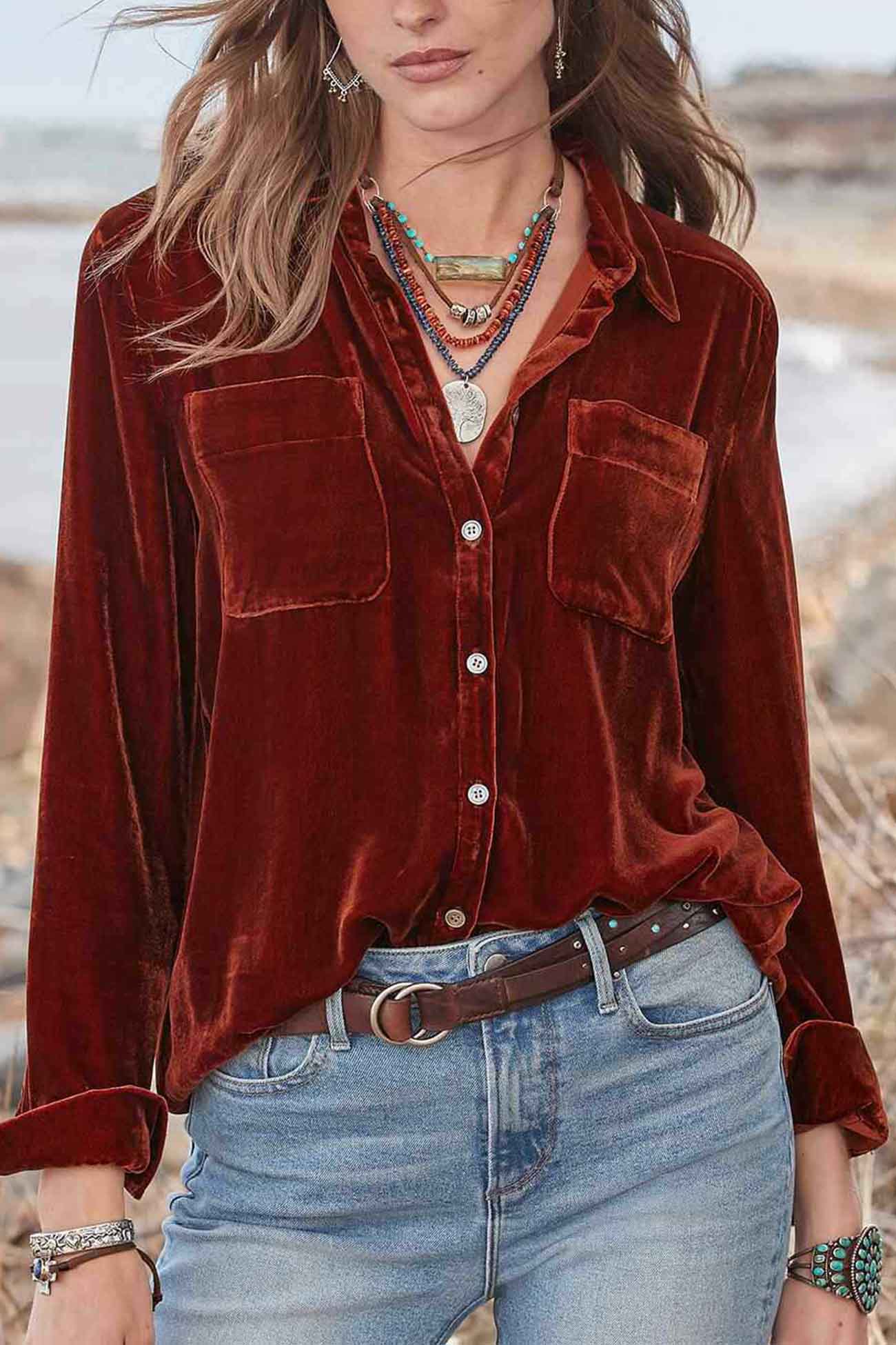 TastyHottie - Lapel Velvet Button Up Blouse