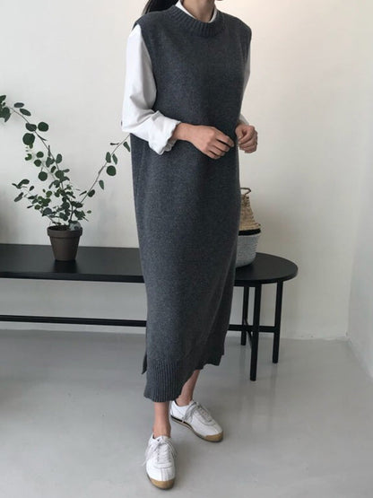 Urban Loose Sleeveless Solid Color Classic Round-Neck Midi Dresses Sweater Dresses