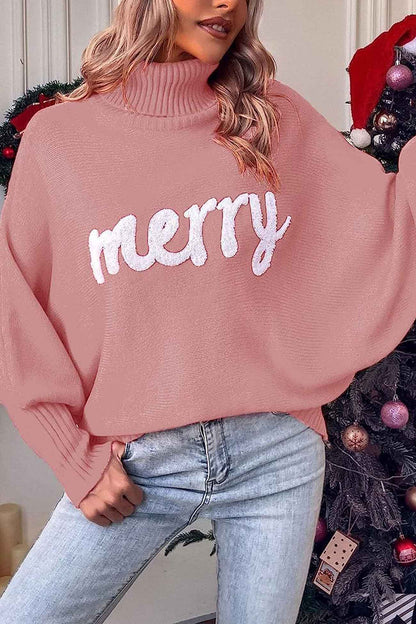 TastyHottie - Merry Printed Dolman Sleeve Turtleneck Knitted Sweater