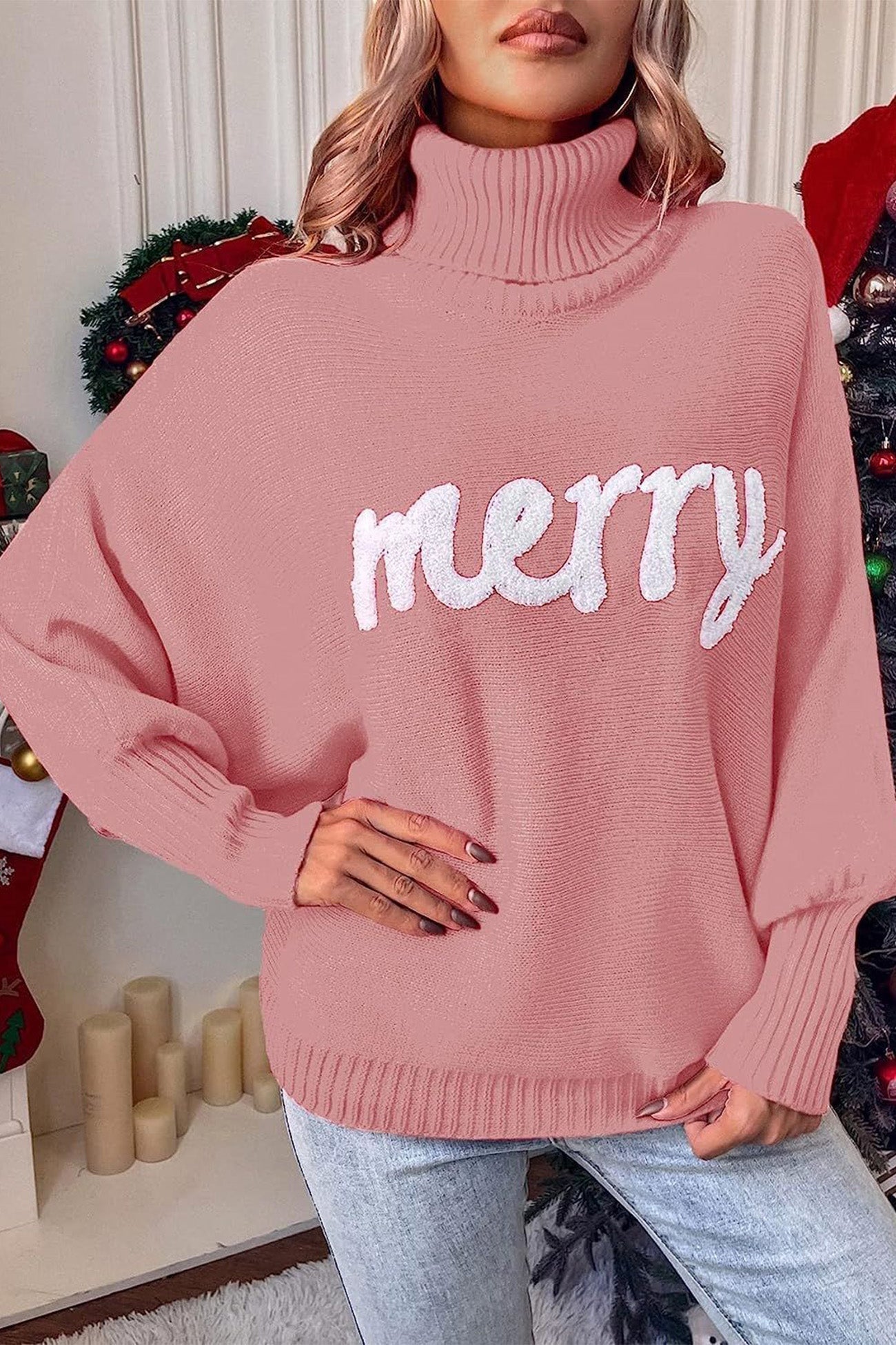 TastyHottie - Merry Printed Dolman Sleeve Turtleneck Knitted Sweater