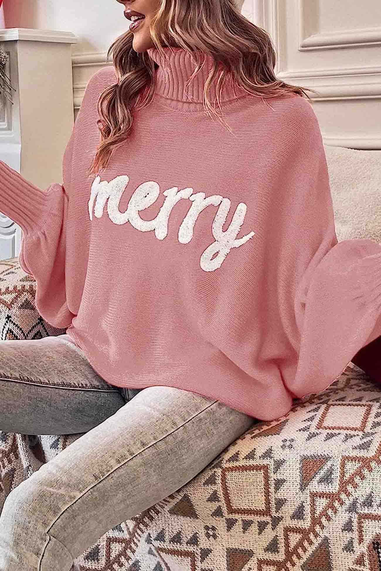 TastyHottie - Merry Printed Dolman Sleeve Turtleneck Knitted Sweater