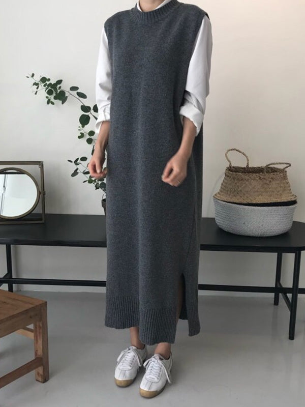 Urban Loose Sleeveless Solid Color Classic Round-Neck Midi Dresses Sweater Dresses