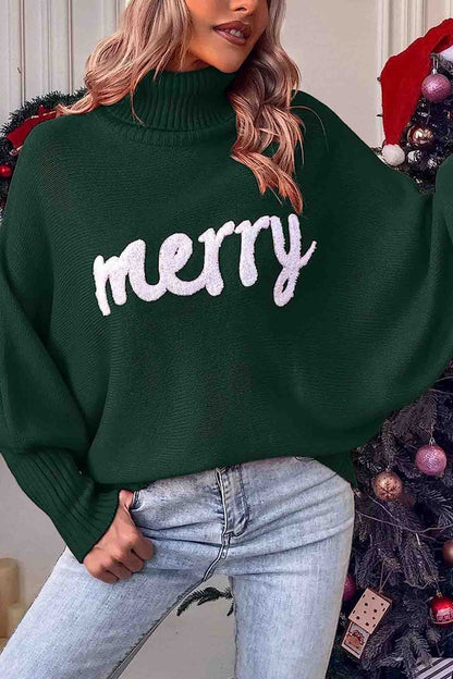 TastyHottie - Merry Printed Dolman Sleeve Turtleneck Knitted Sweater