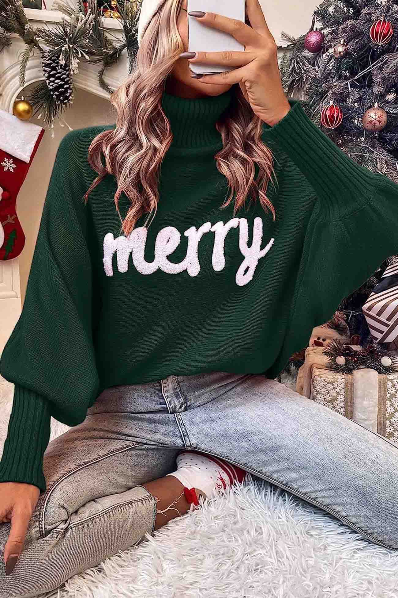 TastyHottie - Merry Printed Dolman Sleeve Turtleneck Knitted Sweater