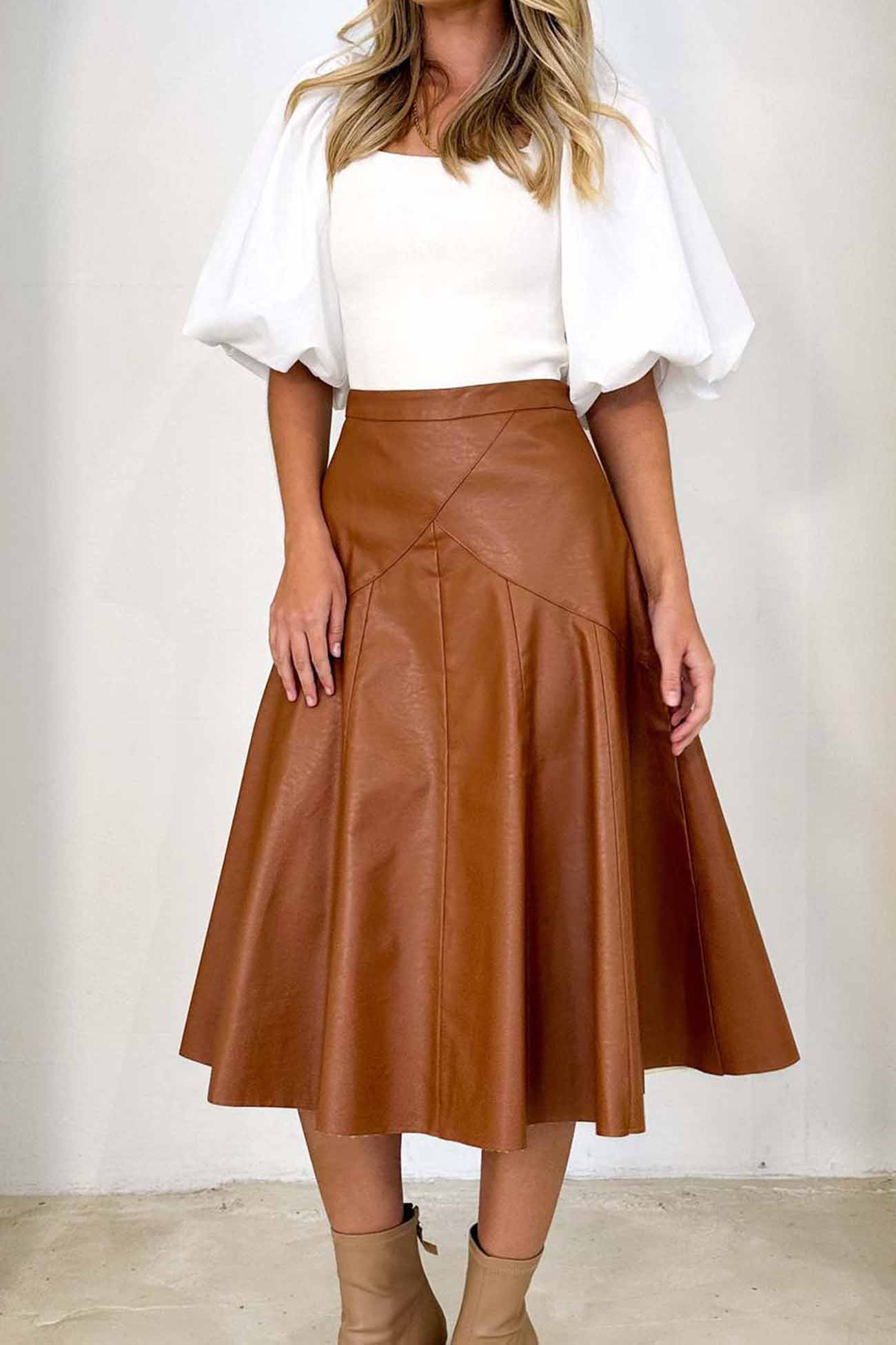 TastyHottie - Leather High Waist Pleated Midi Skirt