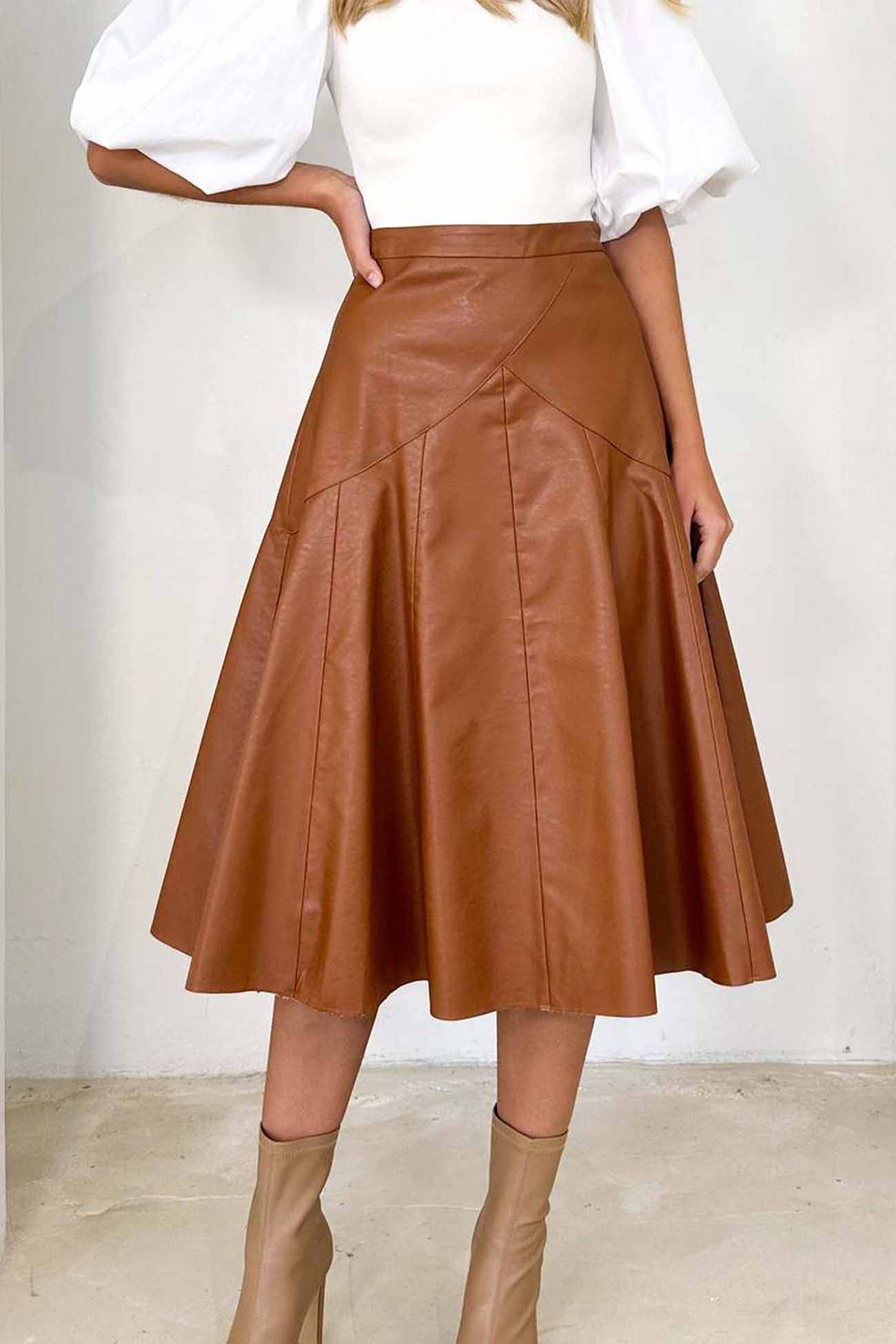 TastyHottie - Leather High Waist Pleated Midi Skirt