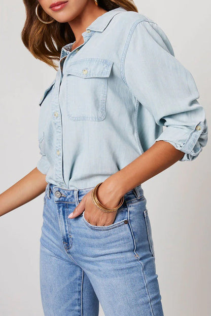 TastyHottie - Long Sleeve Button-Up Denim Blouse