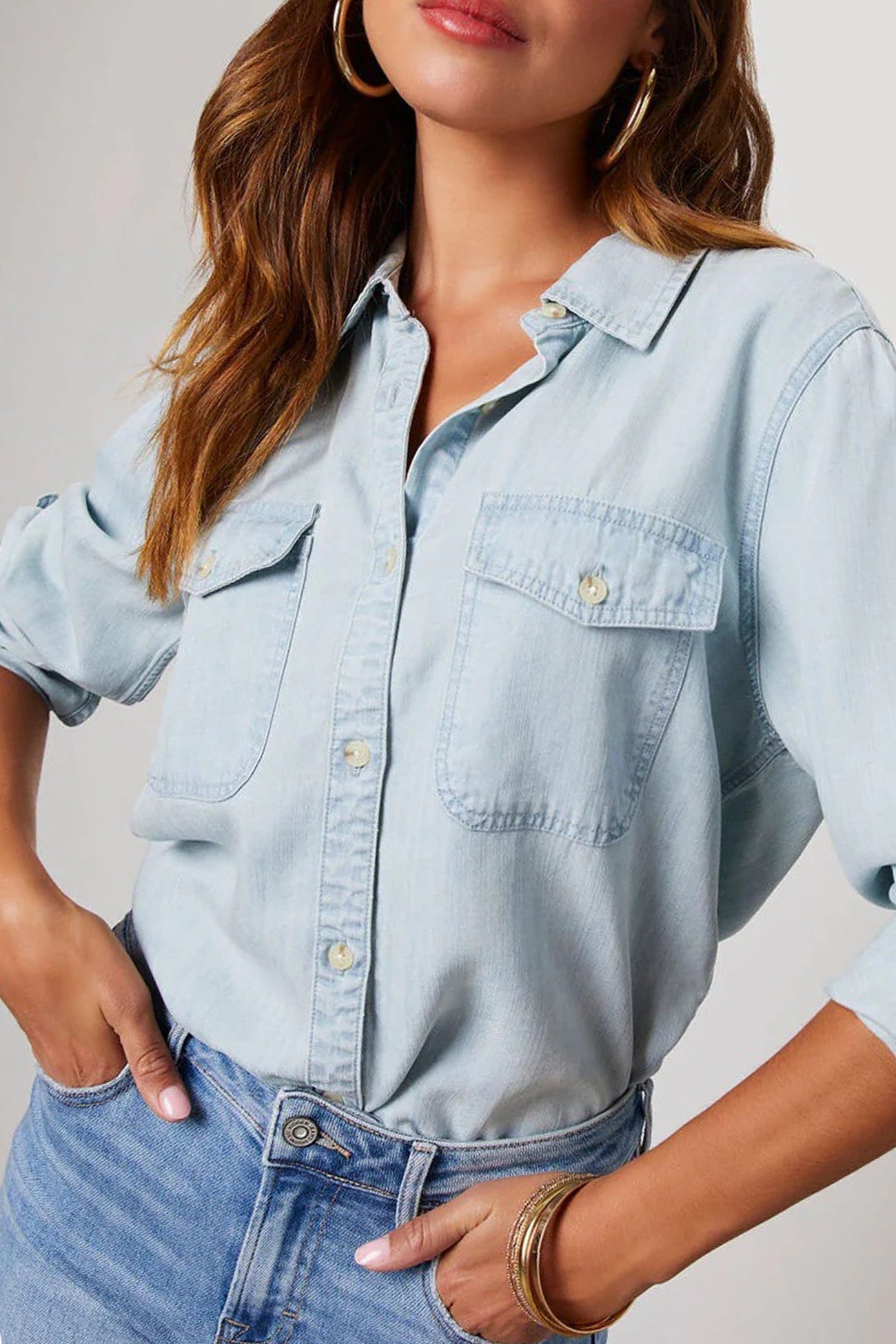 TastyHottie - Long Sleeve Button-Up Denim Blouse