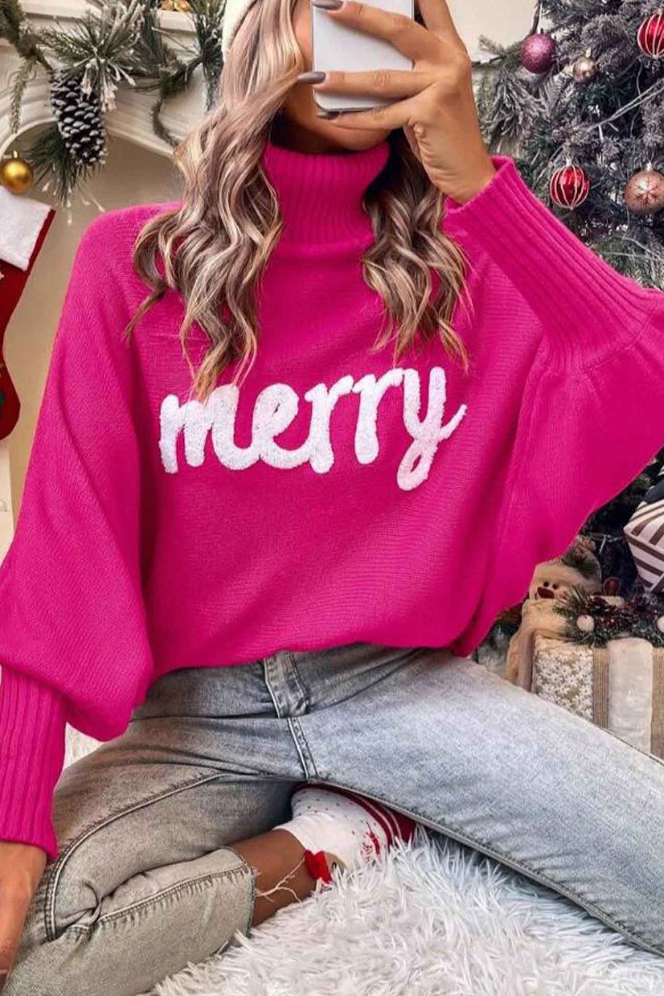 TastyHottie - Merry Printed Dolman Sleeve Turtleneck Knitted Sweater