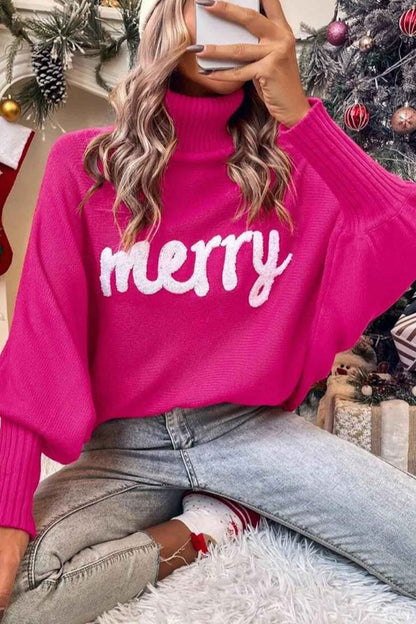 TastyHottie - Merry Printed Dolman Sleeve Turtleneck Knitted Sweater