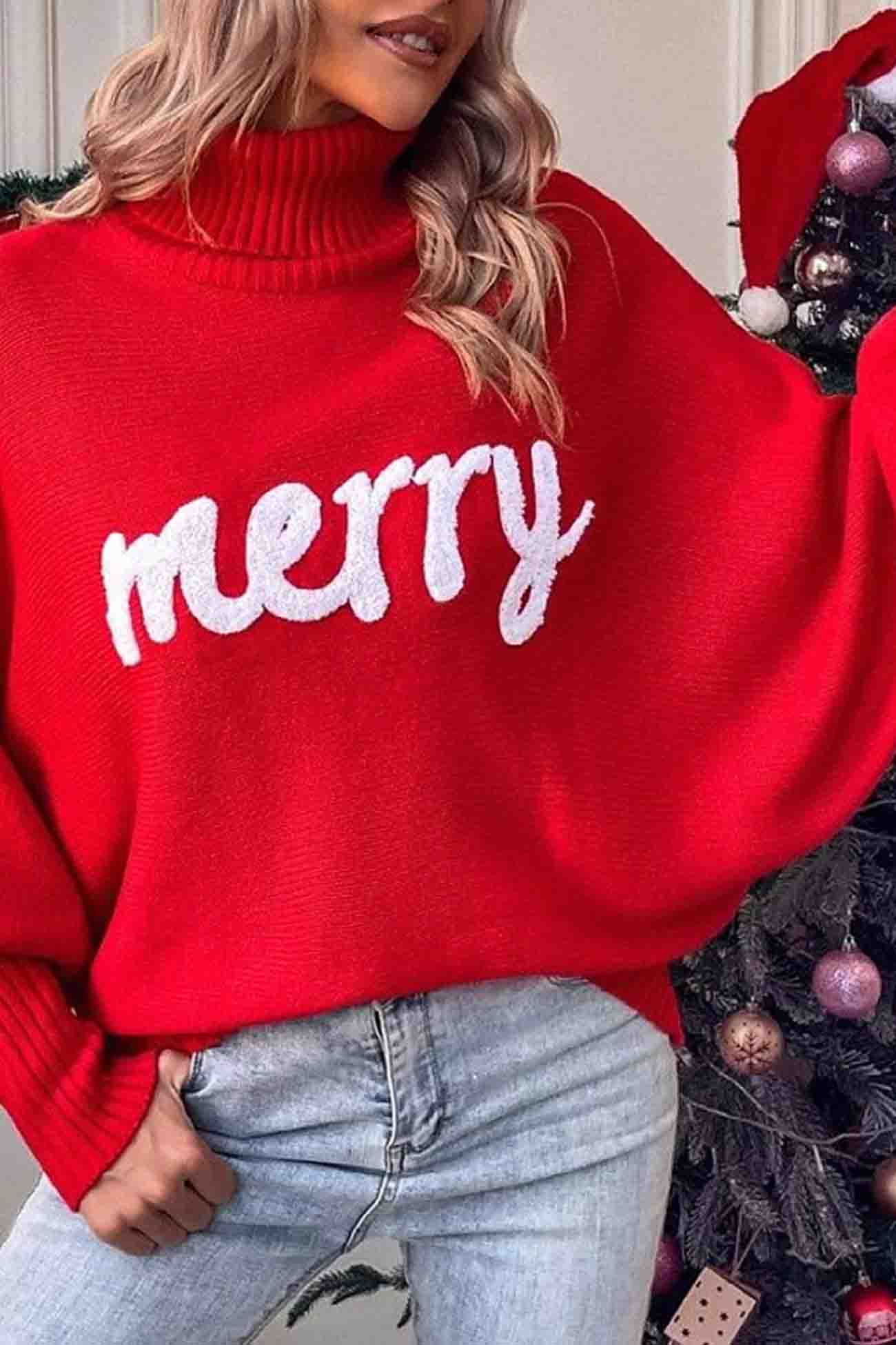 TastyHottie - Merry Printed Dolman Sleeve Turtleneck Knitted Sweater