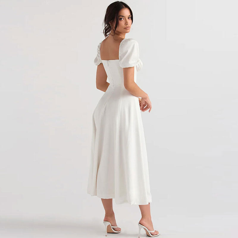 Puff Sleeve Tie Front High Split Sophisticated Off Shoulder Midi Sundress - Pink