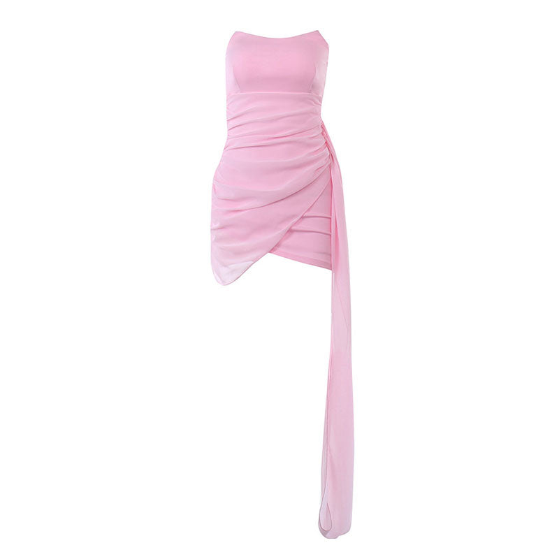 Solid Color Ruched Wrap Trim Strapless Sophisticated Bodycon Party Mini Dress - Pink