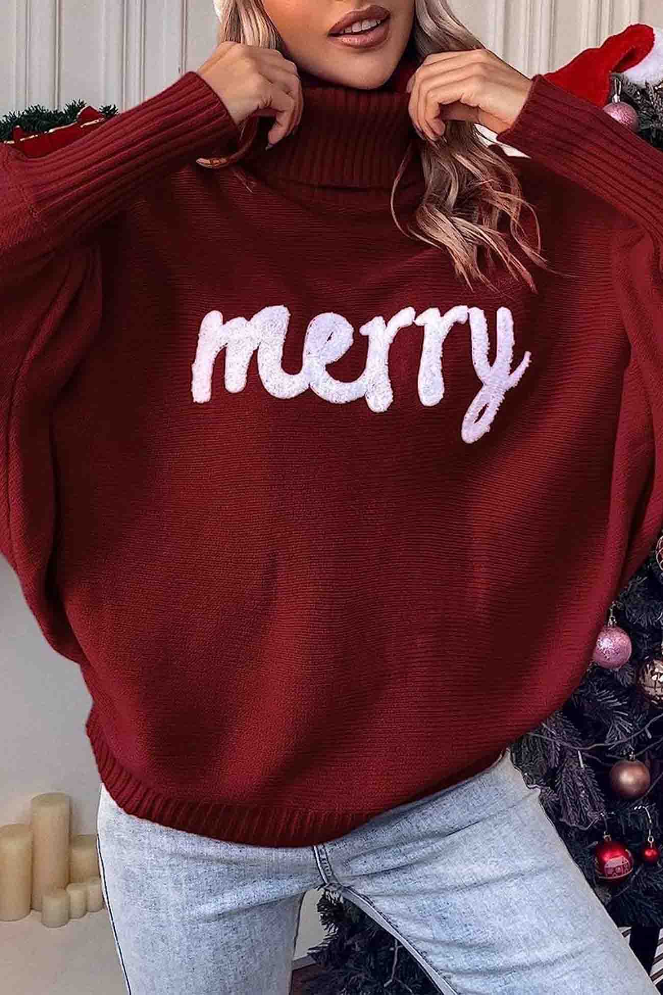 TastyHottie - Merry Printed Dolman Sleeve Turtleneck Knitted Sweater