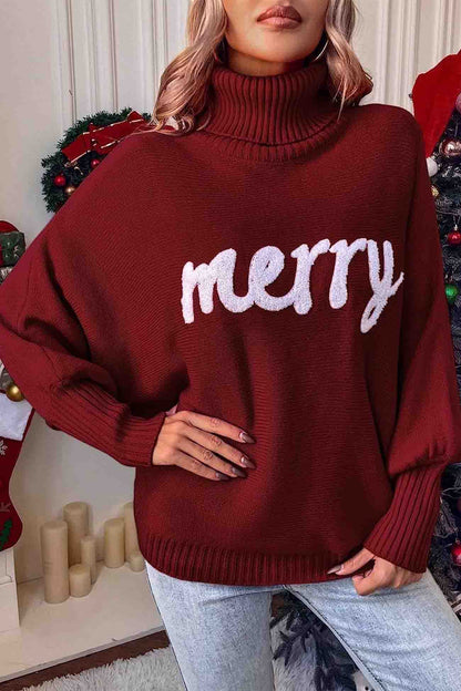 TastyHottie - Merry Printed Dolman Sleeve Turtleneck Knitted Sweater