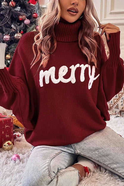 TastyHottie - Merry Printed Dolman Sleeve Turtleneck Knitted Sweater