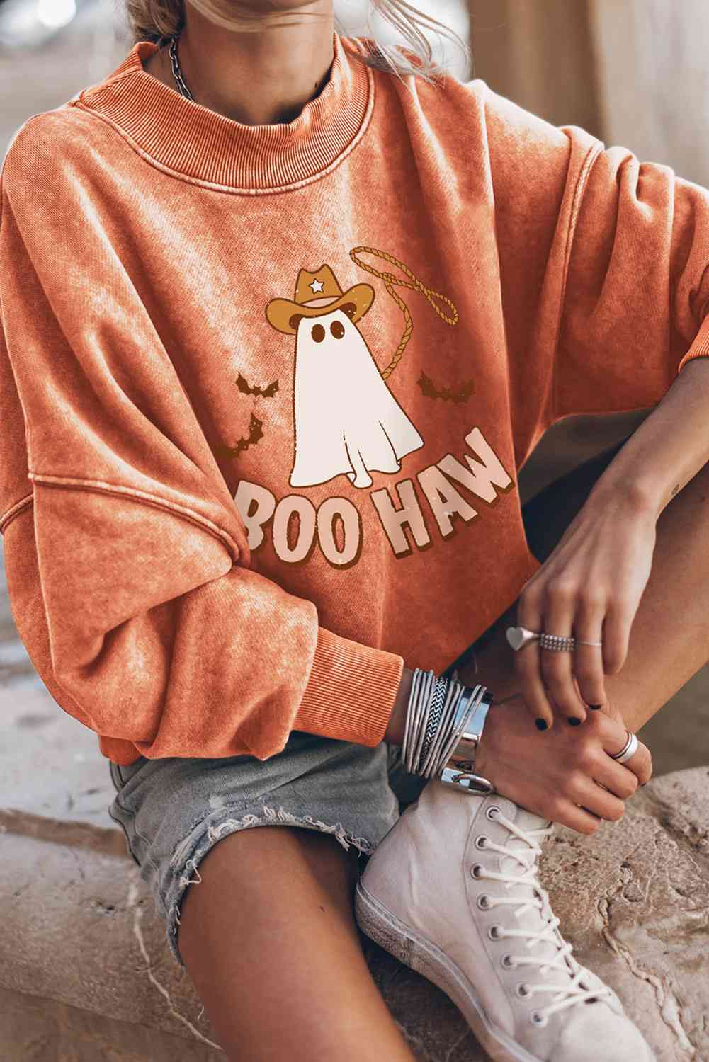 TastyHottie - BOO HAW Ghost Graphic Dropped Shoulder Round Neck Sweatshirt