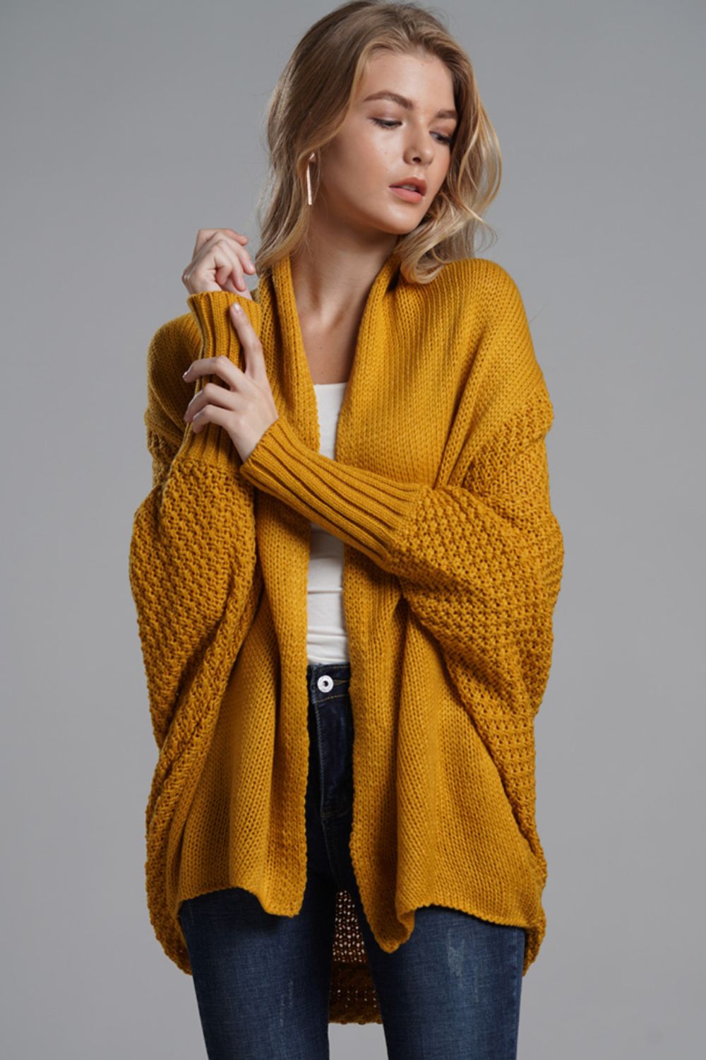 Double Take Dolman Sleeve Open Front Ribbed Trim Longline Cardigan Mustard One Size cardigan cardigans clothes Double Take Ship From Overseas sweaters