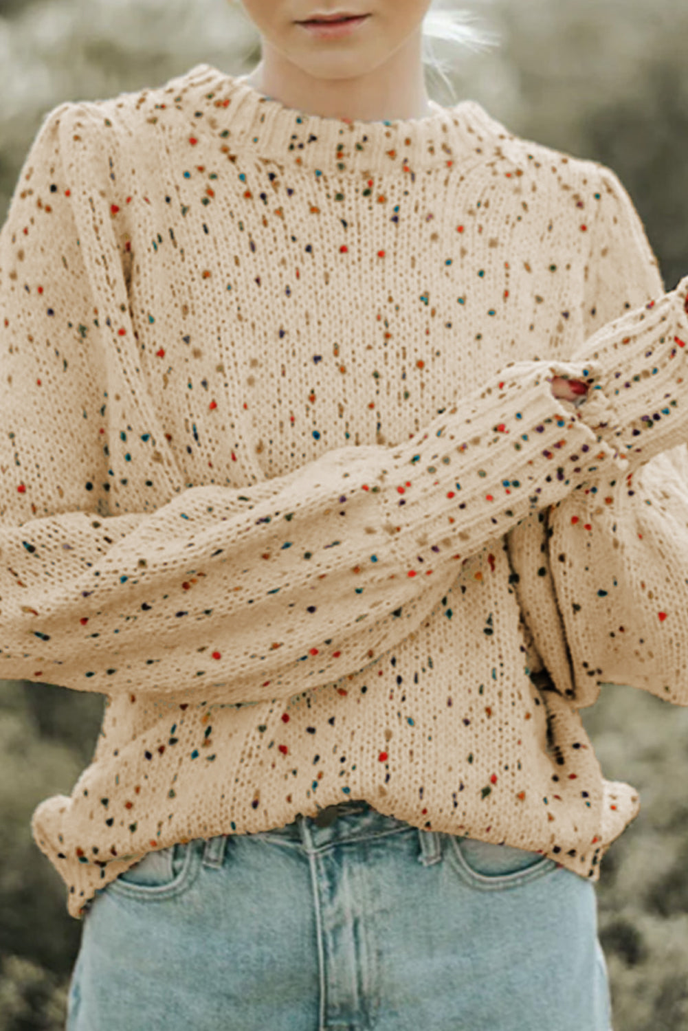 Light French Beige Colorful Dots Cable Knit Crew Neck Long Sleeve Sweater Light French Beige 50%Polyester+30%Polyamide+20%Acrylic All In Stock clothes EDM Monthly Recomend Hot picks Occasion Daily Season Winter Style Southern Belle sweaters