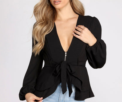 TastyHottie - Simply Irresistible Zip Front Ruffled Blouse