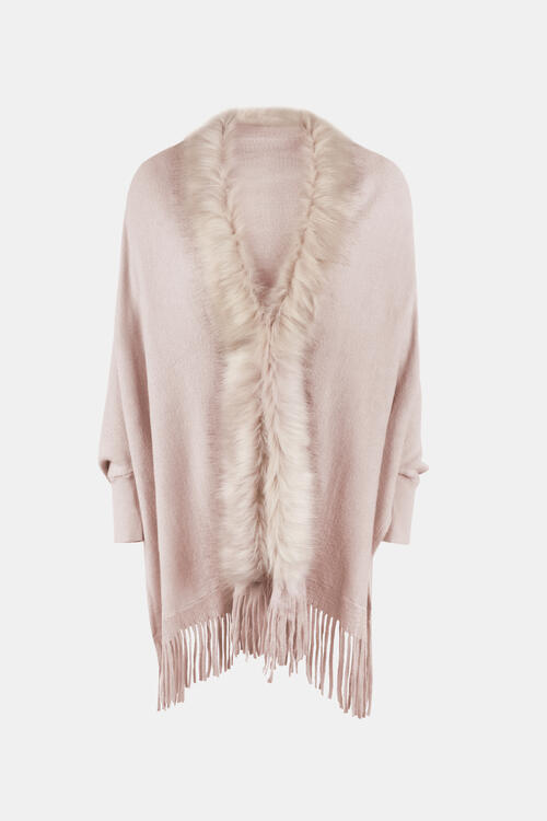 Fringe Open Front Long Sleeve Poncho Blush Pink One Size clothes Drizzle Ship From Overseas sweaters