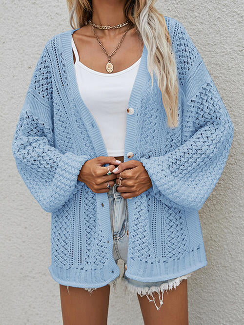 Openwork Button Front Cardigan Sky Blue cardigan cardigans clothes Ship From Overseas sweater sweaters X.W