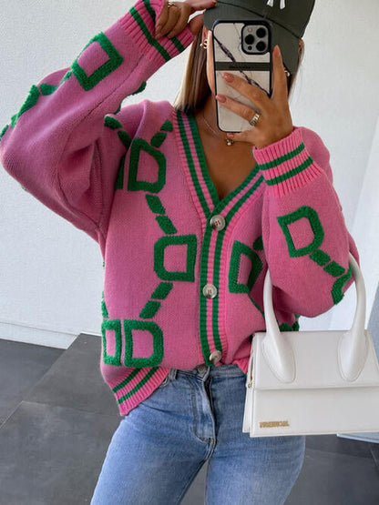 TastyHottie - Geometric Dropped Shoulder Button Down Sweater Cardigan