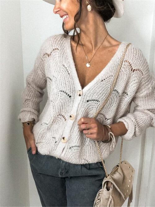 TastyHottie - Openwork Button Up Long Sleeve Cardigan