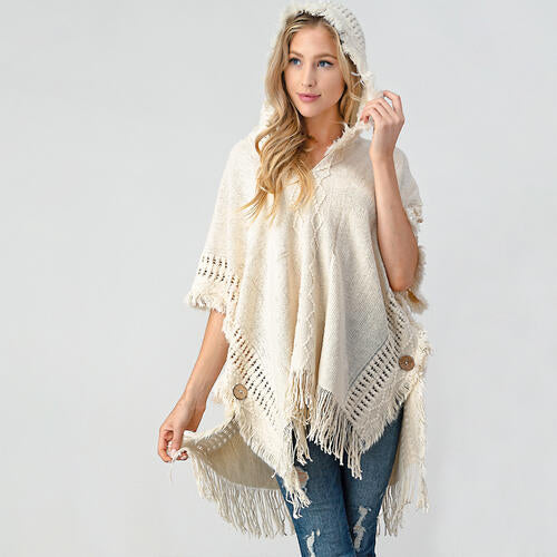 TastyHottie - Fringed Crochet Buttoned Hooded Throw Over Poncho