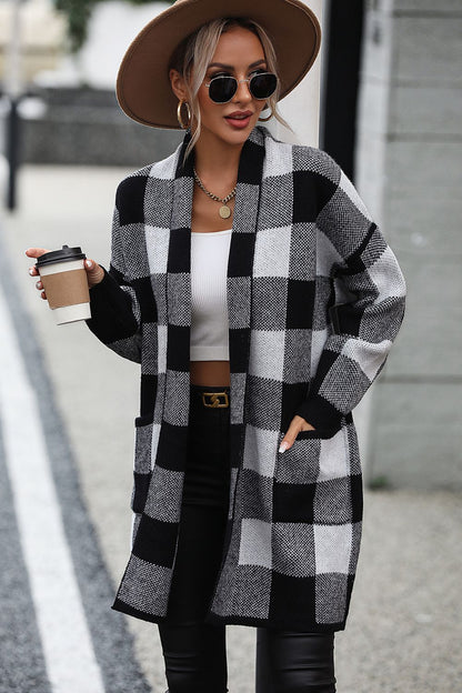 Plaid Dropped Shoulder Cardigan with Pocket Black clothes jacket M&Y Ship From Overseas sweater trend