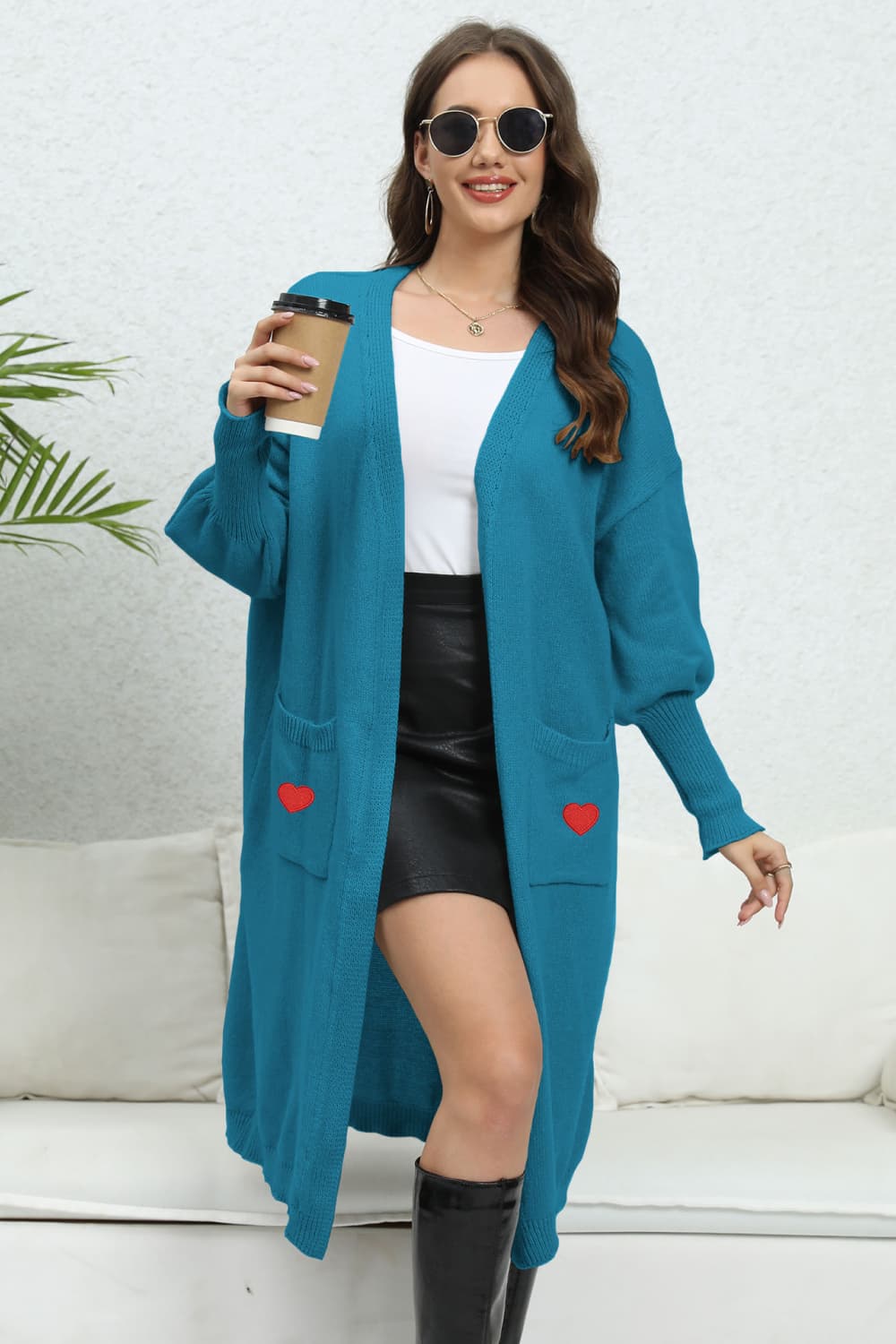 Lantern Sleeve Open Front Pocketed Cardigan with hearts Peacock Blue One Size cardigan cardigans clothes O & Y.M Ship From Overseas Sweater sweaters trend