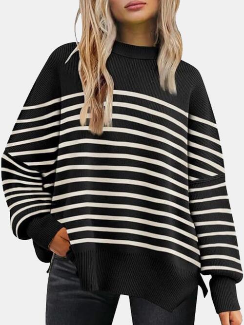 Round Neck Drop Shoulder Slit Sweater Black/White clothes R.T.S.C Ship From Overseas Sweater sweaters Sweatshirt