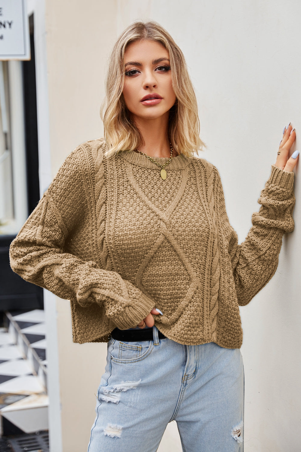 Cable-Knit Round Neck Dropped Shoulder Sweater Camel clothes SF Knit Ship From Overseas Sweater Sweaters