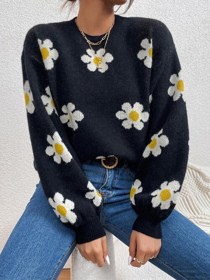 TastyHottie - Flower Round Neck Latern Sleeve Sweater