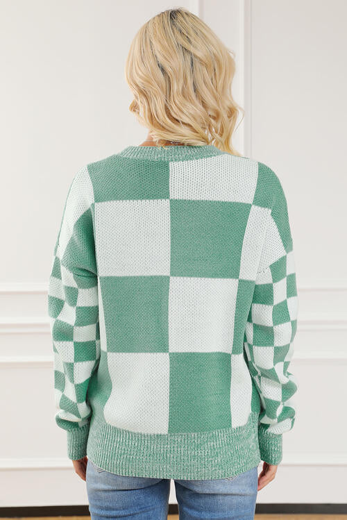 TastyHottie - Checkered Drop Shoulder Long Sleeve Sweater